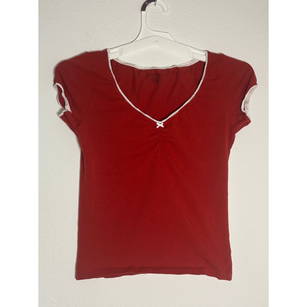 Brandy Melville Red Lace Trim V-Neck Bow Short Sleeve Top Coquette Tee One Size